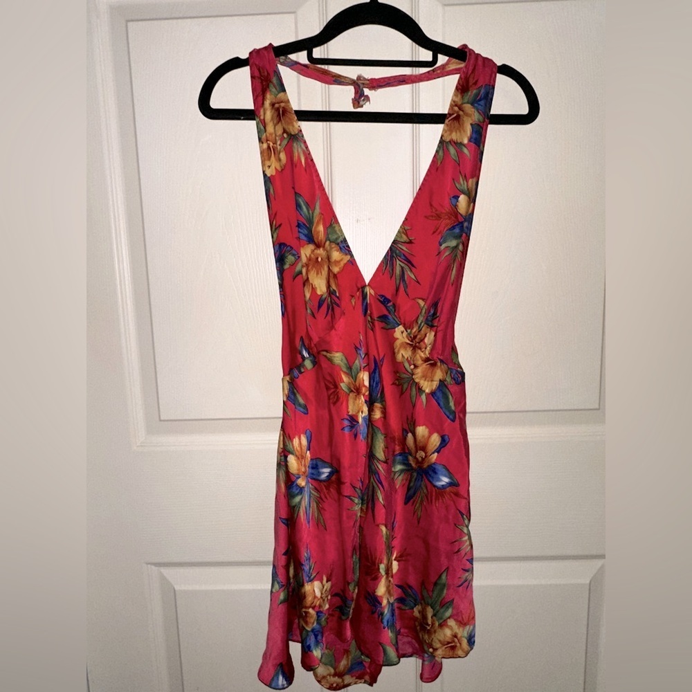 Victoria's Secret vintage pink tropical halter Silk Garment teddy lingerie L